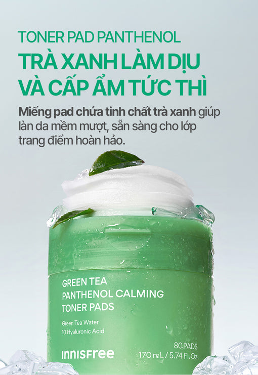 Greentea pad dưỡng ẩm làm dịu da 80 miếng INNISFREE GREEN TEA PANTHENOL CALMING TONER PADS
