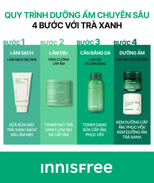 Greentea pad dưỡng ẩm làm dịu da 80 miếng INNISFREE GREEN TEA PANTHENOL CALMING TONER PADS