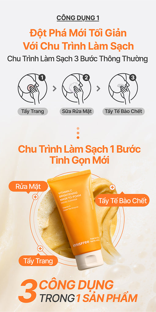 Sữa rửa mặt kem dẻo sạch sâu sáng da dịu nhẹ INNISFREE Vitamin C Brightening Mask-to-Foam
