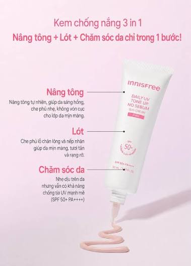 Kem Chống Nắng Nâng Tông Kiềm Dầu INNISFREE Daily UV Tone Up No Sebum Sun Cream Pink SPF50+ PA++++ 50ml
