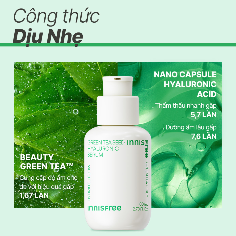 Serum trà xanh cấp ẩm sâu phục hồi da, với Probiotics INNISFREE Green Tea Seed Hyaluronic Serum 80mL