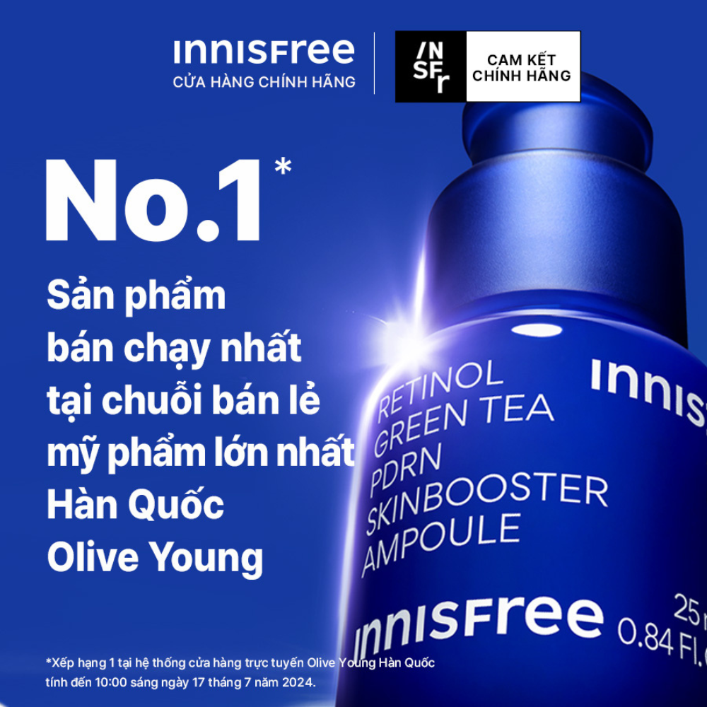 Serum PDRN tế bào gốc trà xanh cho da căng bóng, đàn hồi INNISFREE Retinol Green Tea PDRN Ampoule 25 mL
