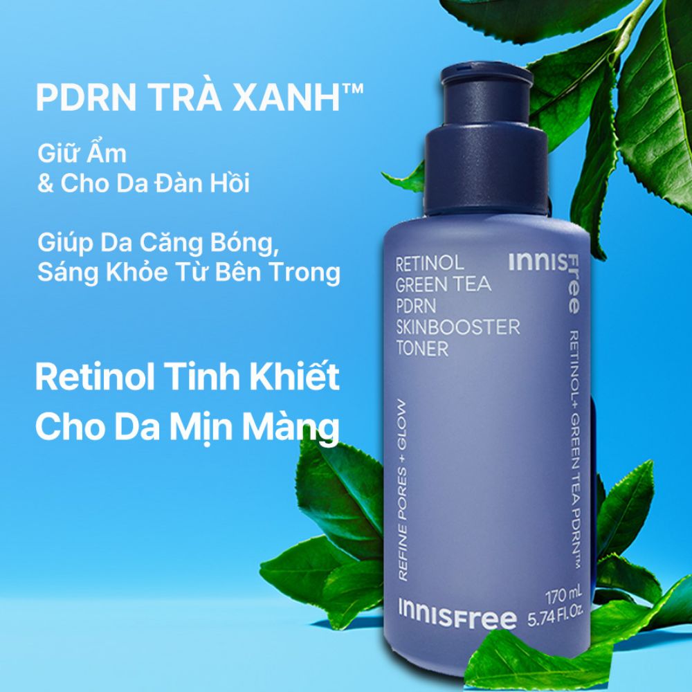 Nước cân bằng PDRN tế bào gốc trà xanh cho da căng bóng, đàn hồi INNISFREE Retinol Green Tea PDRN SkinBooster Toner 170mL